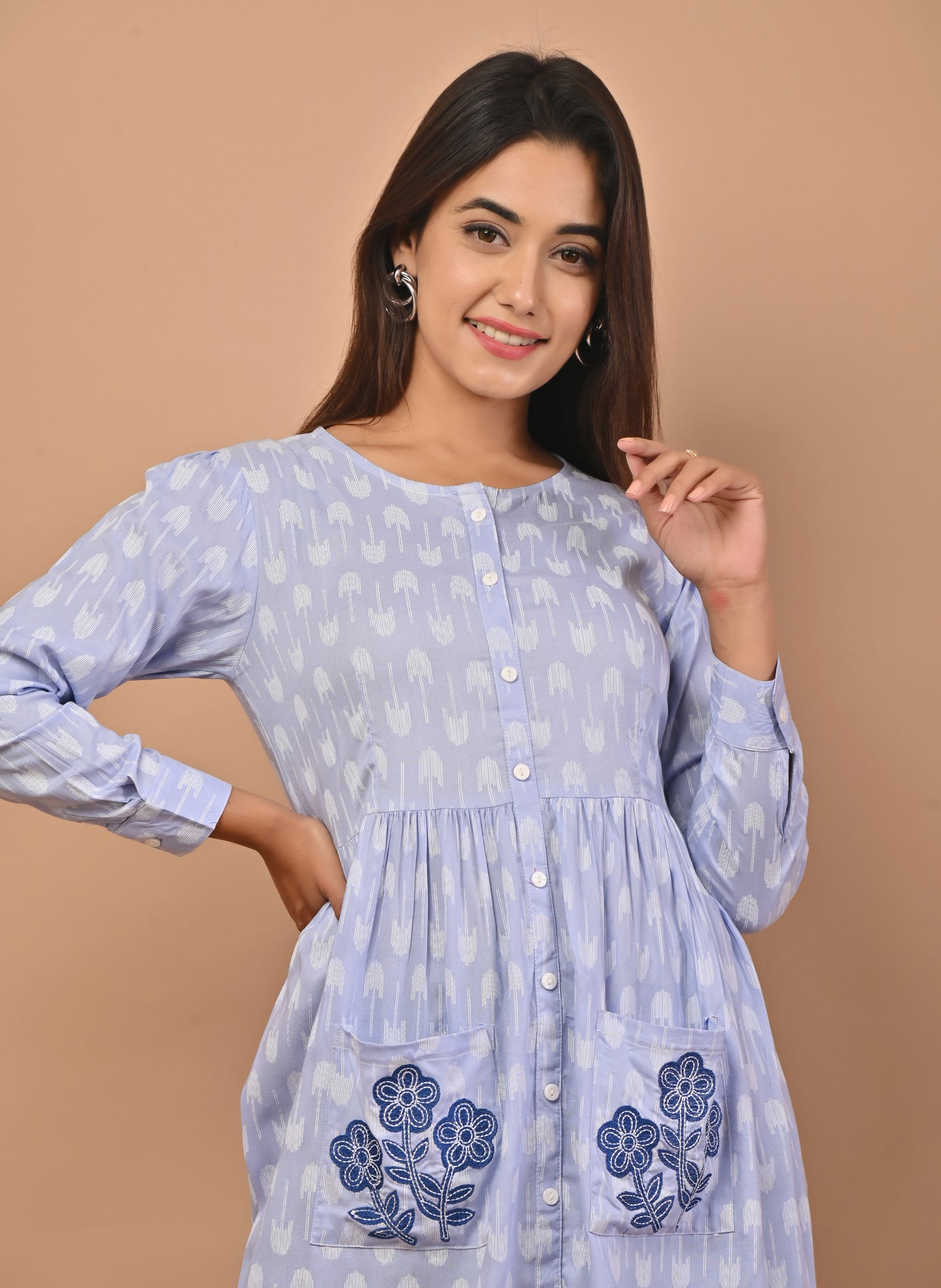 PUKHYA WOMEN'S BLUE PRINTED VISCOSE DRESS WITH EMBRIODERY