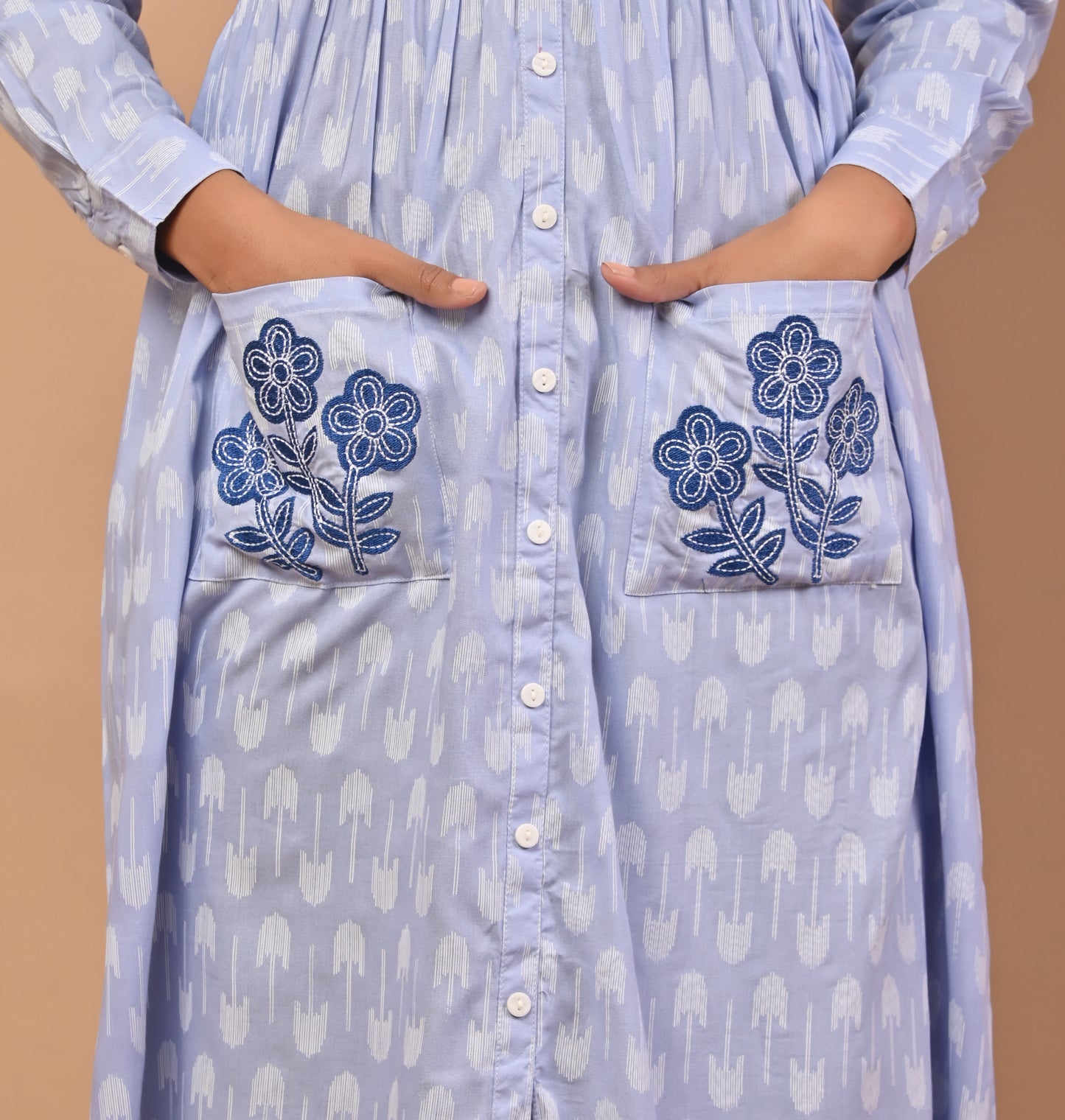 PUKHYA WOMEN'S BLUE PRINTED VISCOSE DRESS WITH EMBRIODERY