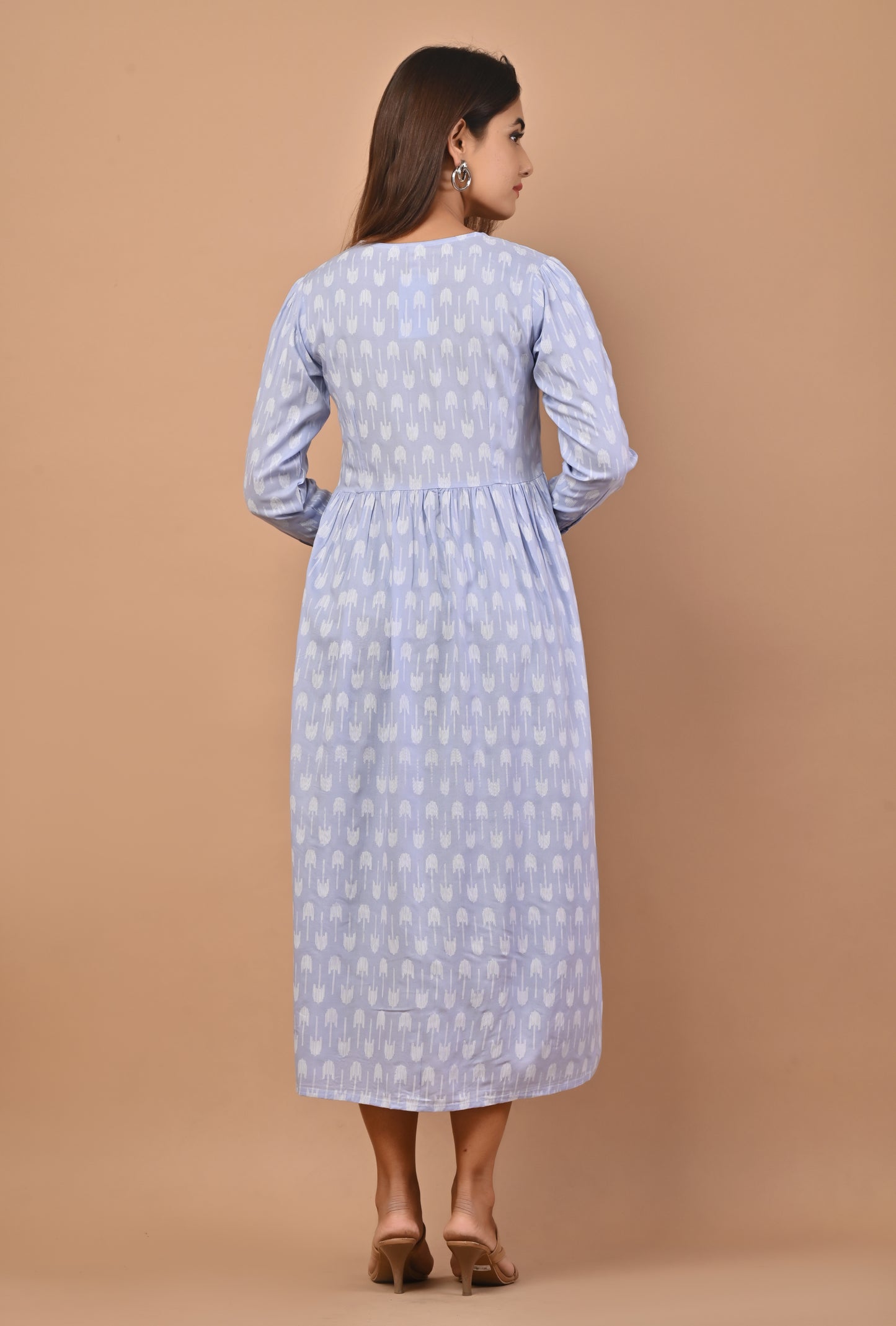 PUKHYA WOMEN'S BLUE PRINTED VISCOSE DRESS WITH EMBRIODERY