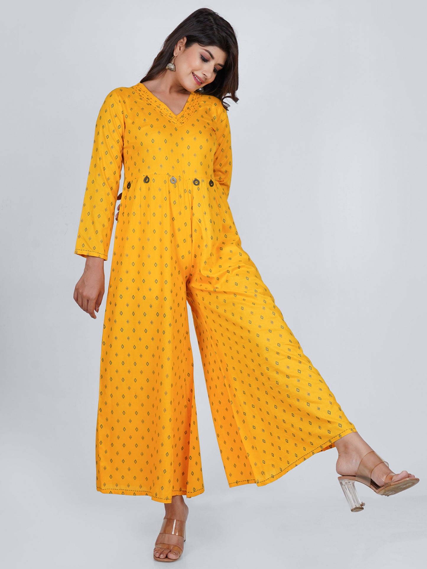 PUKHYA YELLOW PRINTED JUMPSUIT RAYON