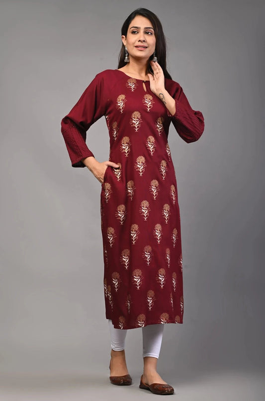 PUKHYA WOMEN'S FLORAL MOTIF PRINTED STRAIGHT KURTA RAYON