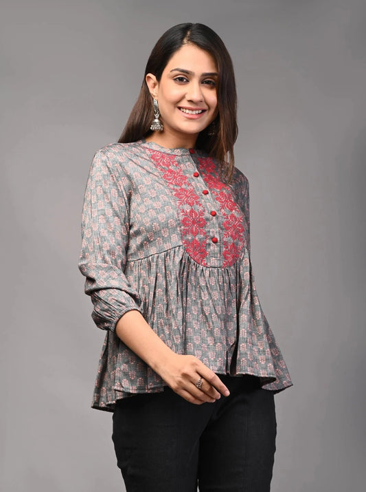 PUKHYA FLORAL PRINTED EMBROIDERED TOP VISCOSE