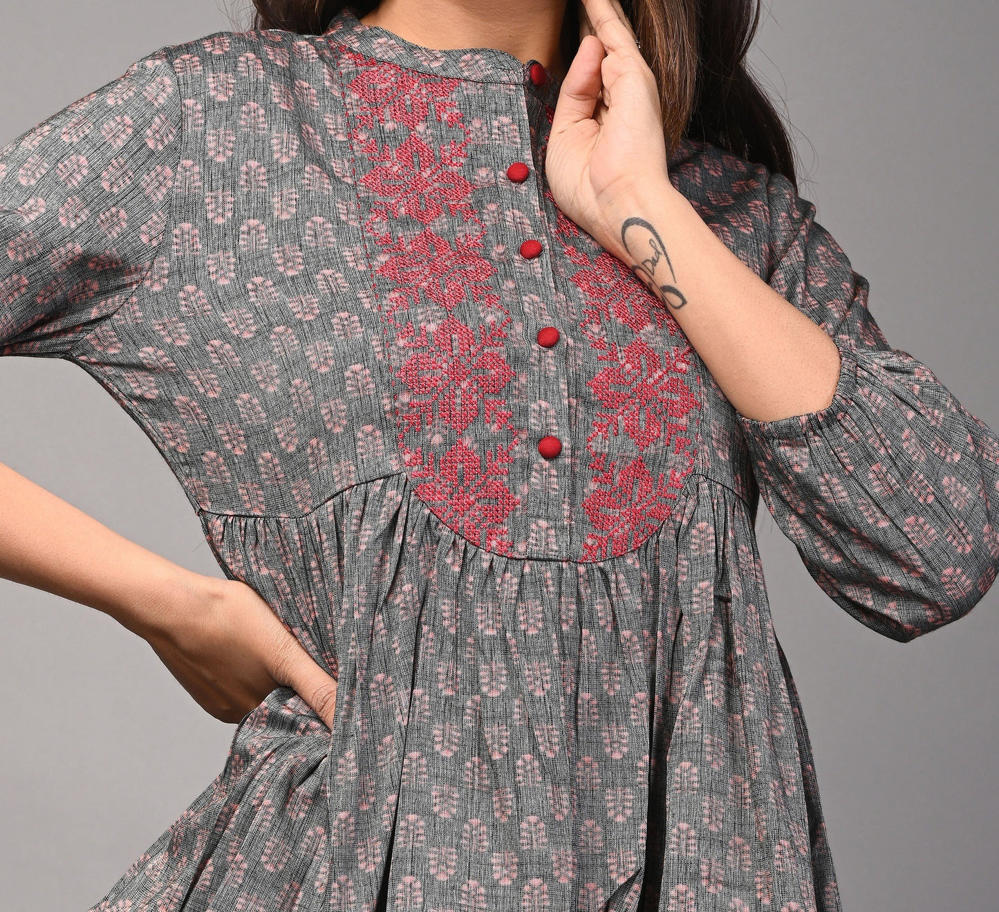 PUKHYA FLORAL PRINTED EMBROIDERED TOP VISCOSE