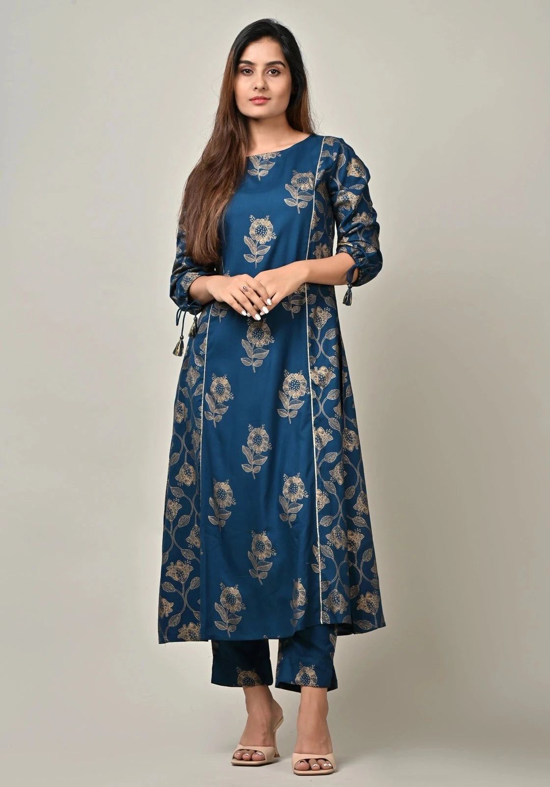 PUKHYA WOMEN'S GOLD PRINTED A-LINE KURTA WITH TROUSER RAYON