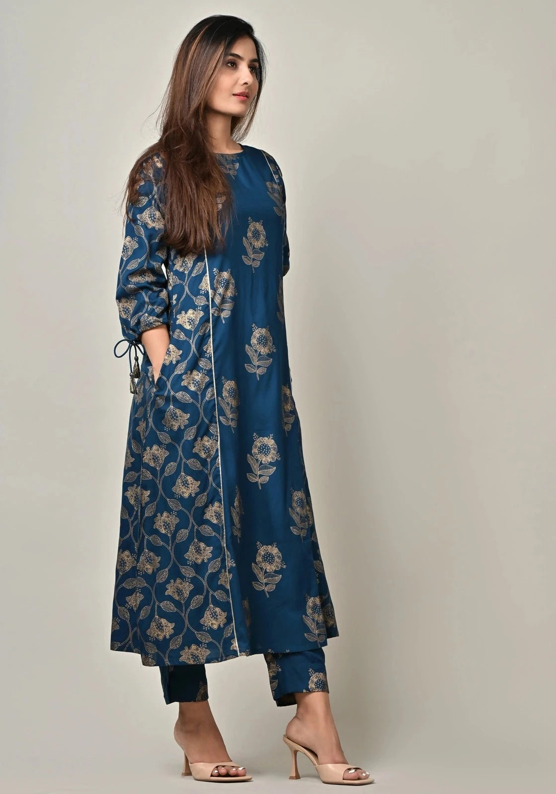 PUKHYA WOMEN'S GOLD PRINTED A-LINE KURTA WITH TROUSER RAYON