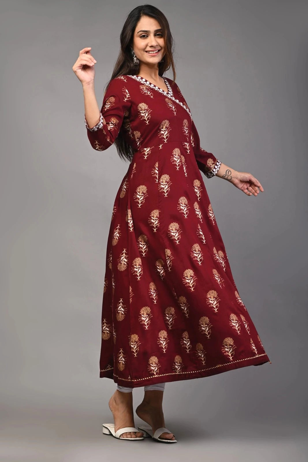 PUKHYA WOMEN'S RAYON MAROON GOLD PRINTED ANARKALI WITH EMBROIDERY