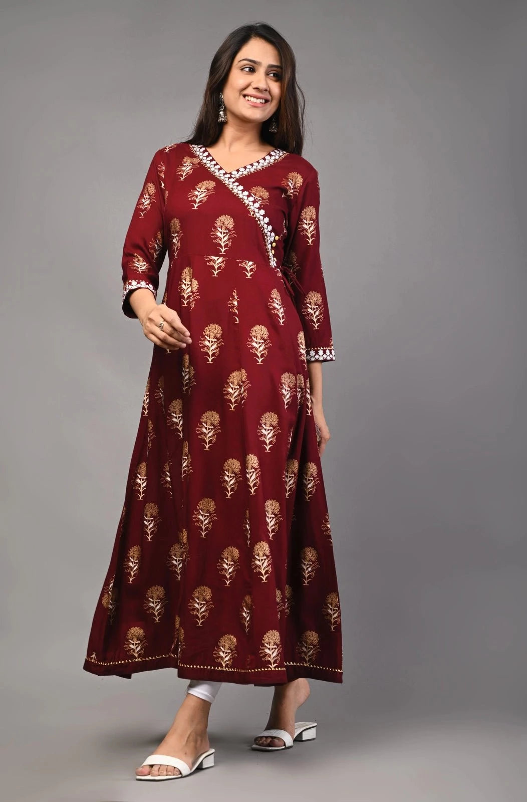 PUKHYA WOMEN'S RAYON MAROON GOLD PRINTED ANARKALI WITH EMBROIDERY