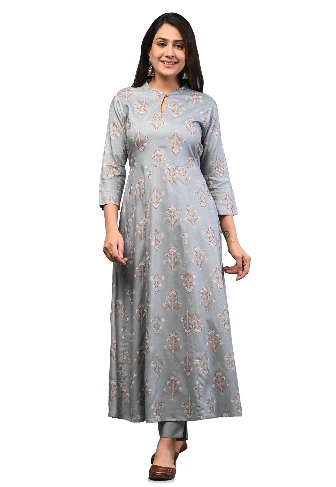 PUKHYA WOMEN'S GREY PRINTED ANARKALI KURTA WITH SEQUINS EMBROIDERY RAYON