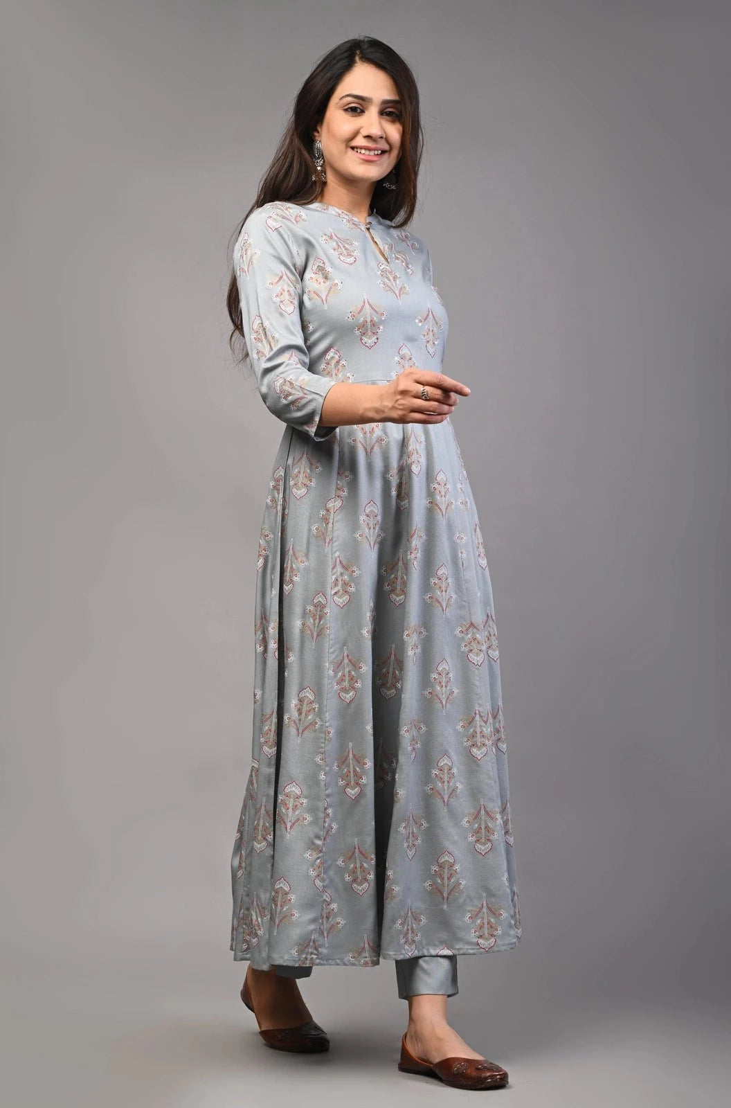 PUKHYA WOMEN'S GREY PRINTED ANARKALI KURTA WITH SEQUINS EMBROIDERY RAYON