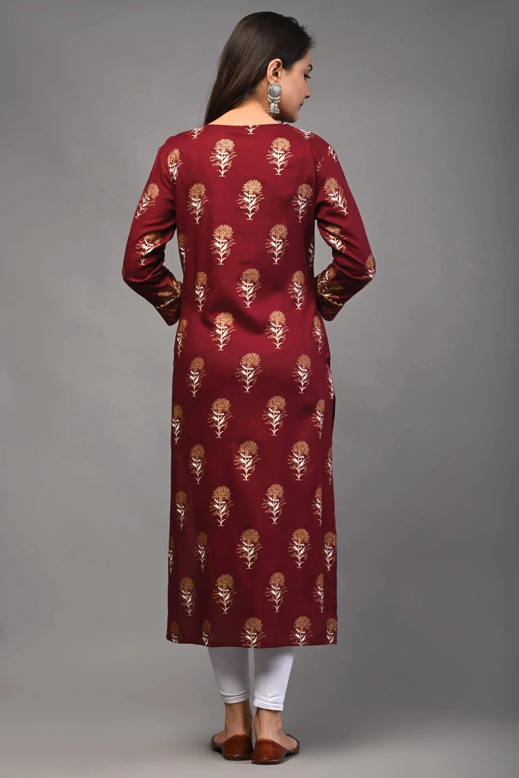 PUKHYA WOMEN'S MAROON GOLD PRINTED STRAIGHT KURTA WITH EMBRIODERY