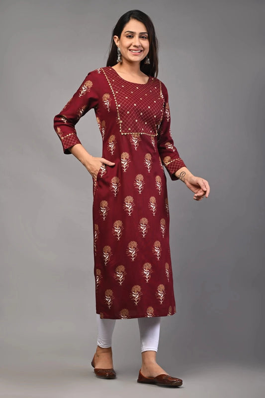 PUKHYA WOMEN'S MAROON GOLD PRINTED STRAIGHT KURTA WITH EMBRIODERY