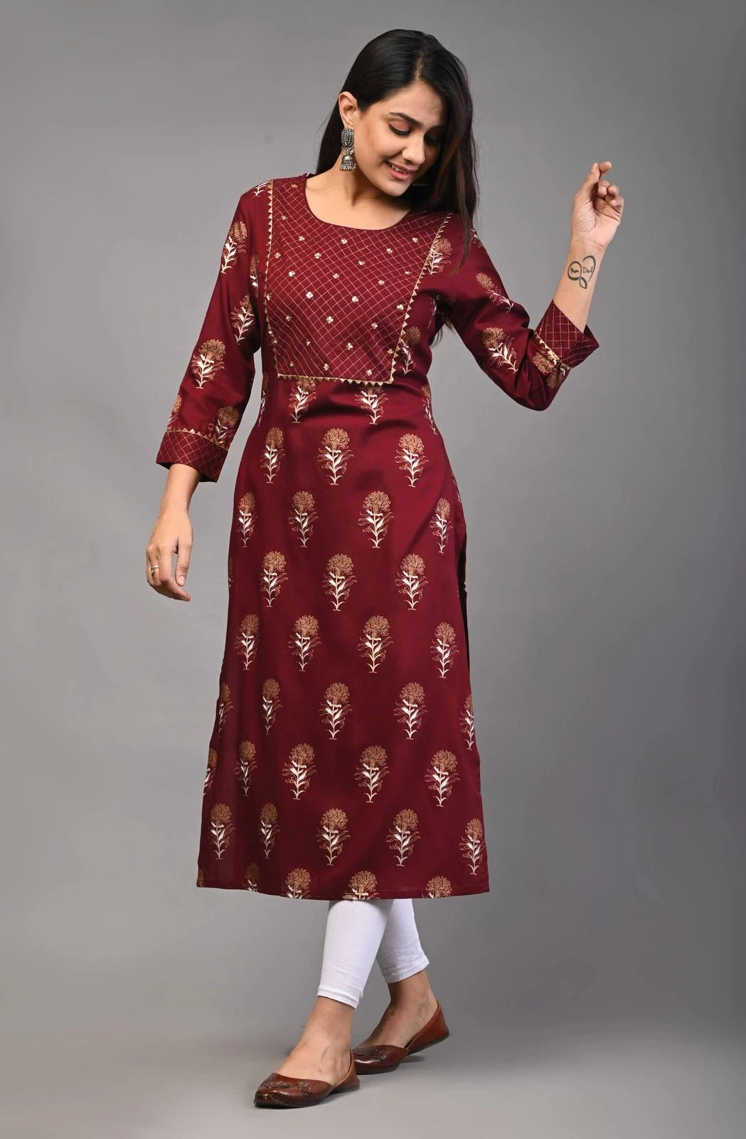 PUKHYA WOMEN'S MAROON GOLD PRINTED STRAIGHT KURTA WITH EMBRIODERY