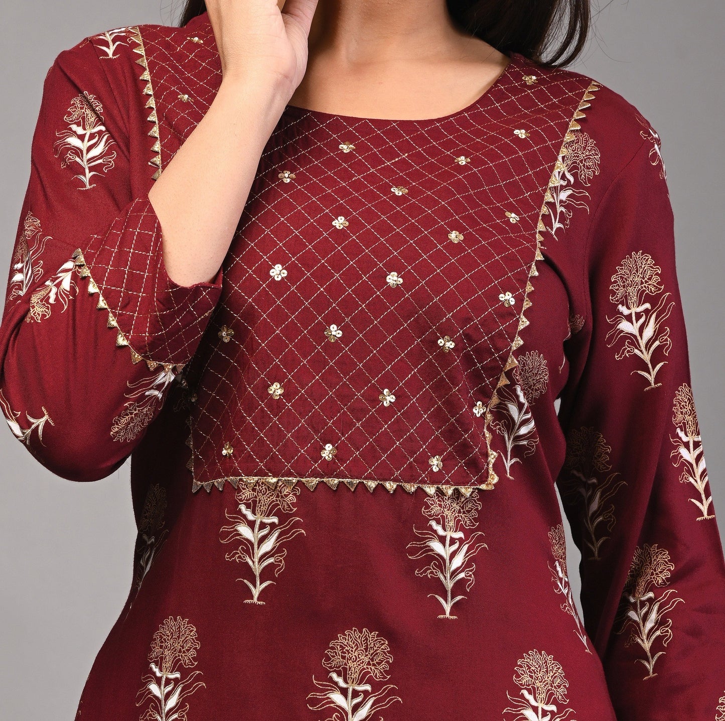 PUKHYA WOMEN'S MAROON GOLD PRINTED STRAIGHT KURTA WITH EMBRIODERY