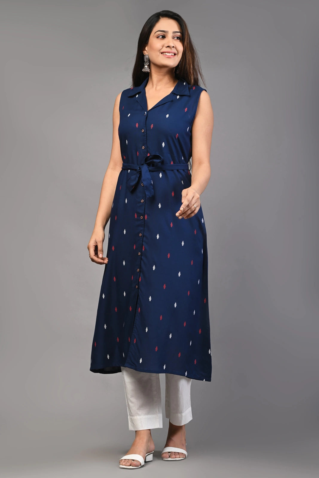 PUKHYA WOMEN'S NAVY BLUE PRINTED RAYON DRESS