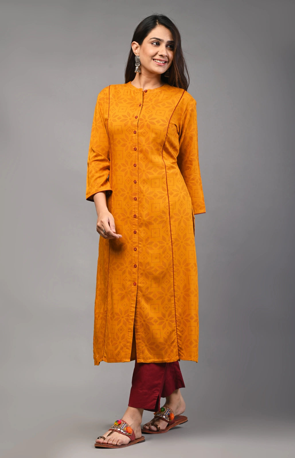 PUKHYA WOMEN'S MUSTARD PRINTED STRAIGHT KURTA