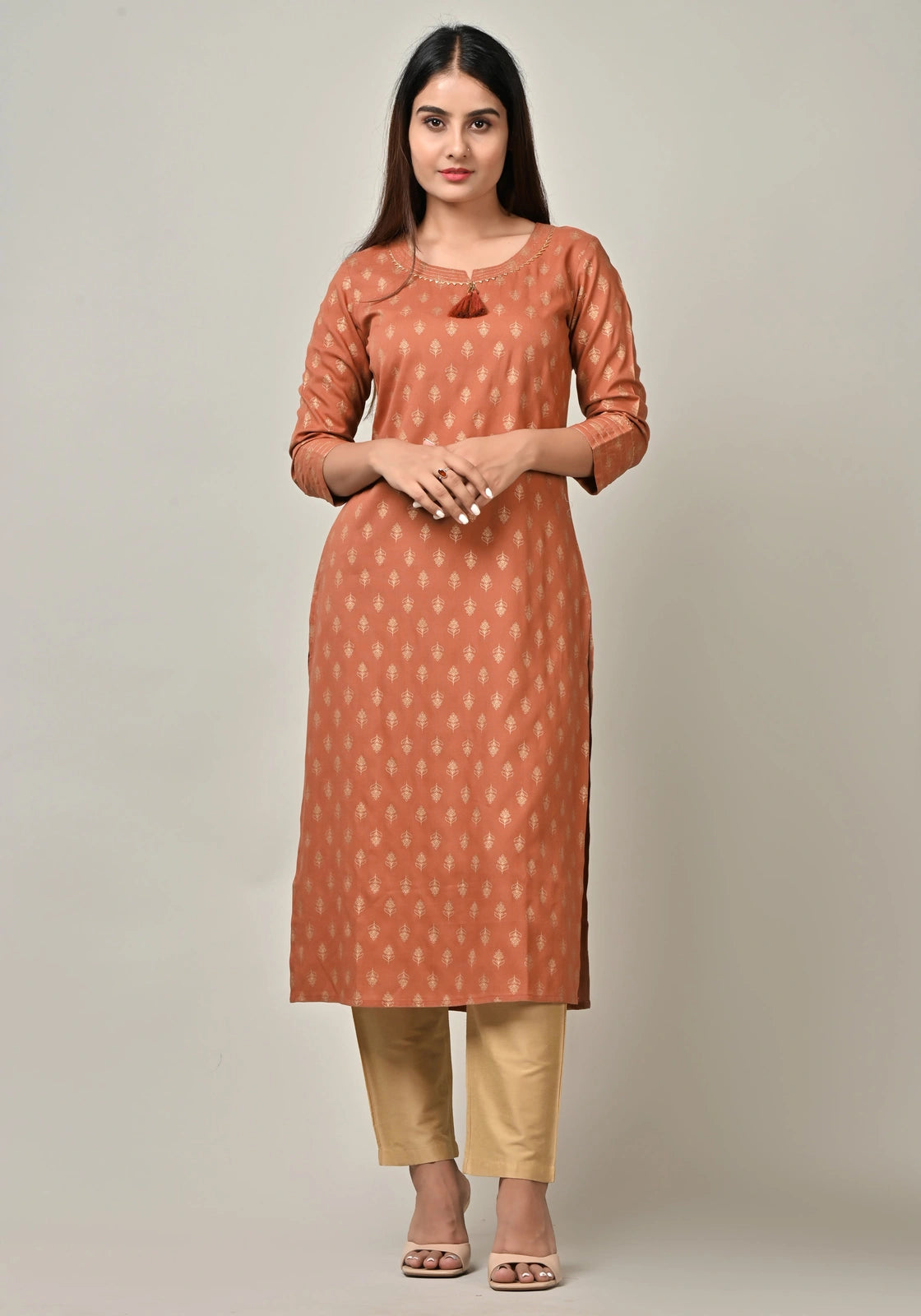 PUKHYA RAYON WOMEN'S GOLD PRINTED STRAIGHT KURTA