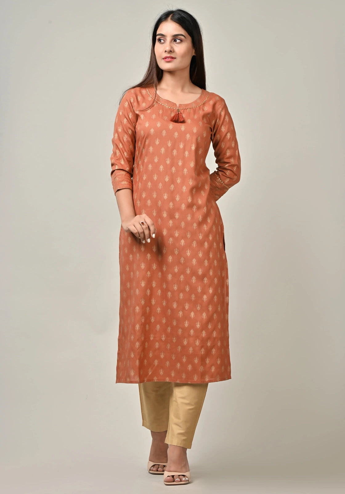 PUKHYA RAYON WOMEN'S GOLD PRINTED STRAIGHT KURTA