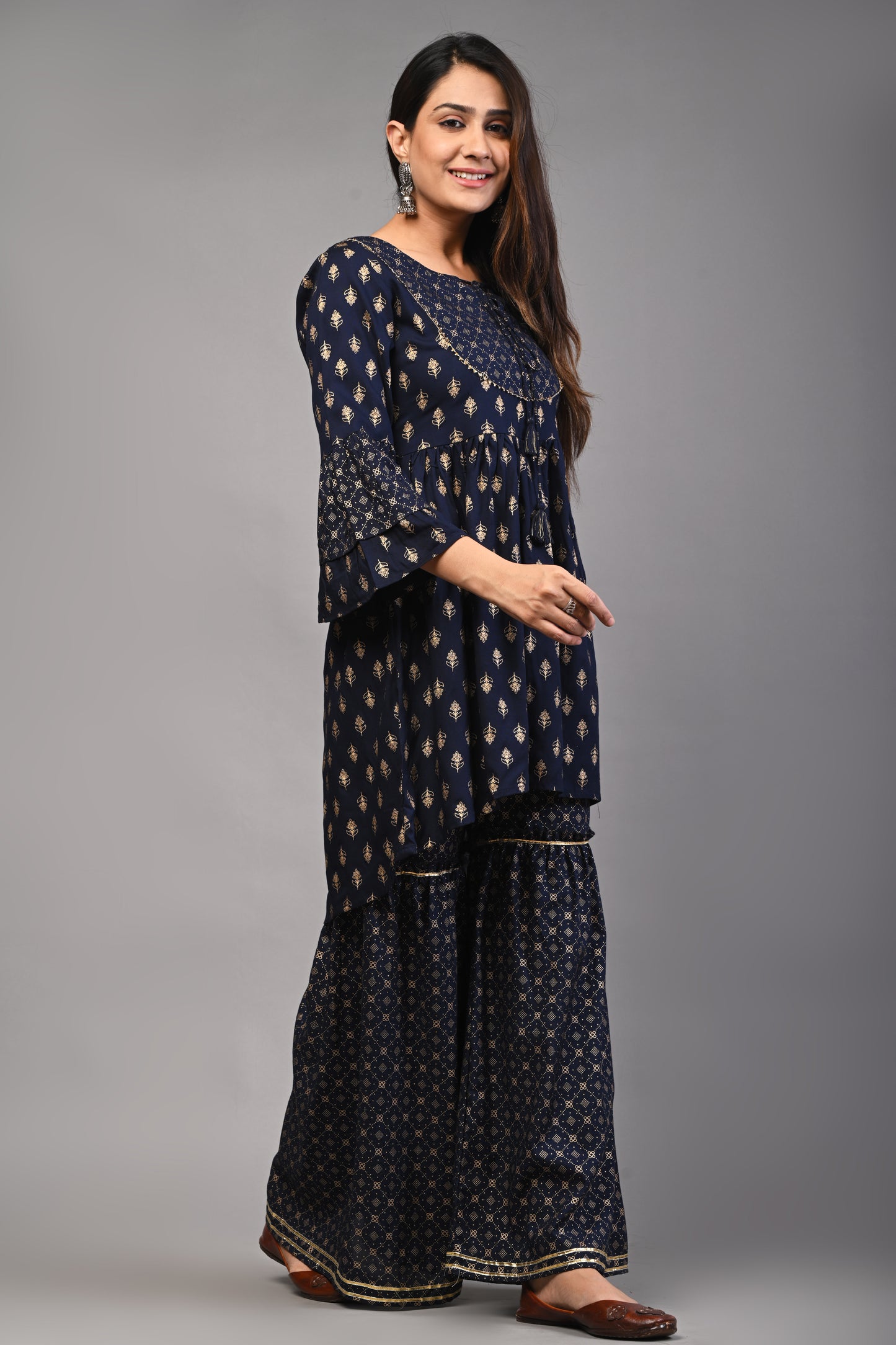 PUKHYA WOMEN'S NAVY BLUE GOLD PRINTED RAYON KURTA WITH SHARARA