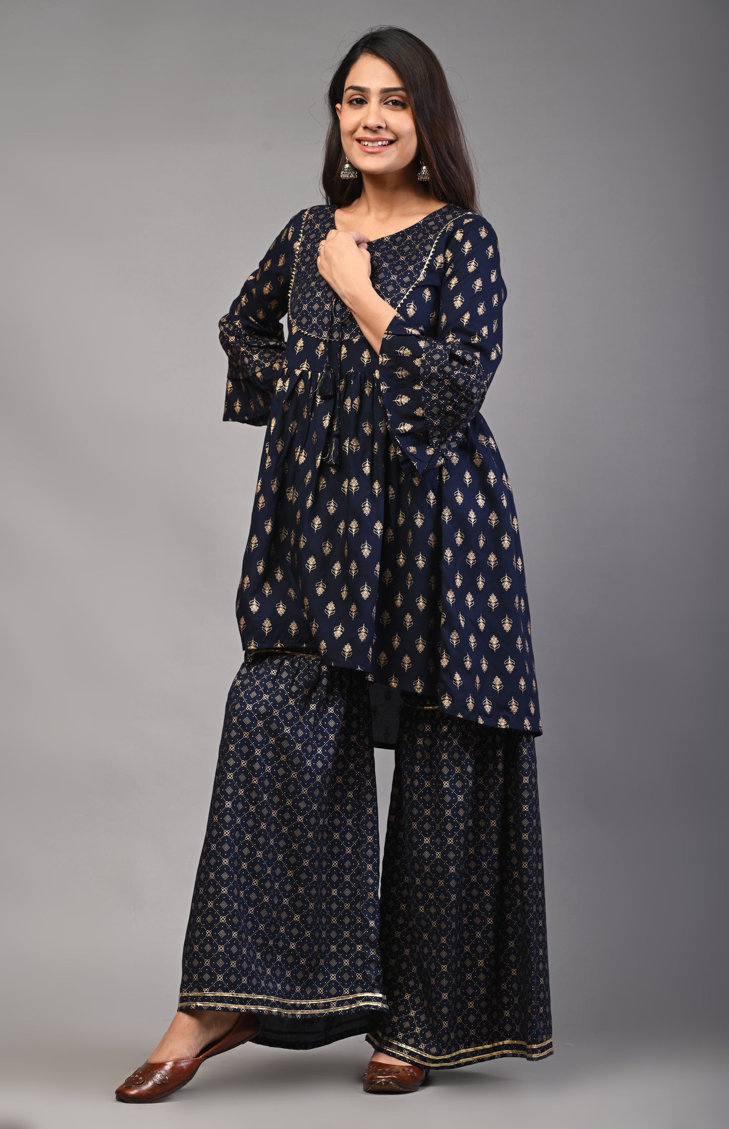 PUKHYA WOMEN'S NAVY BLUE GOLD PRINTED RAYON KURTA WITH SHARARA