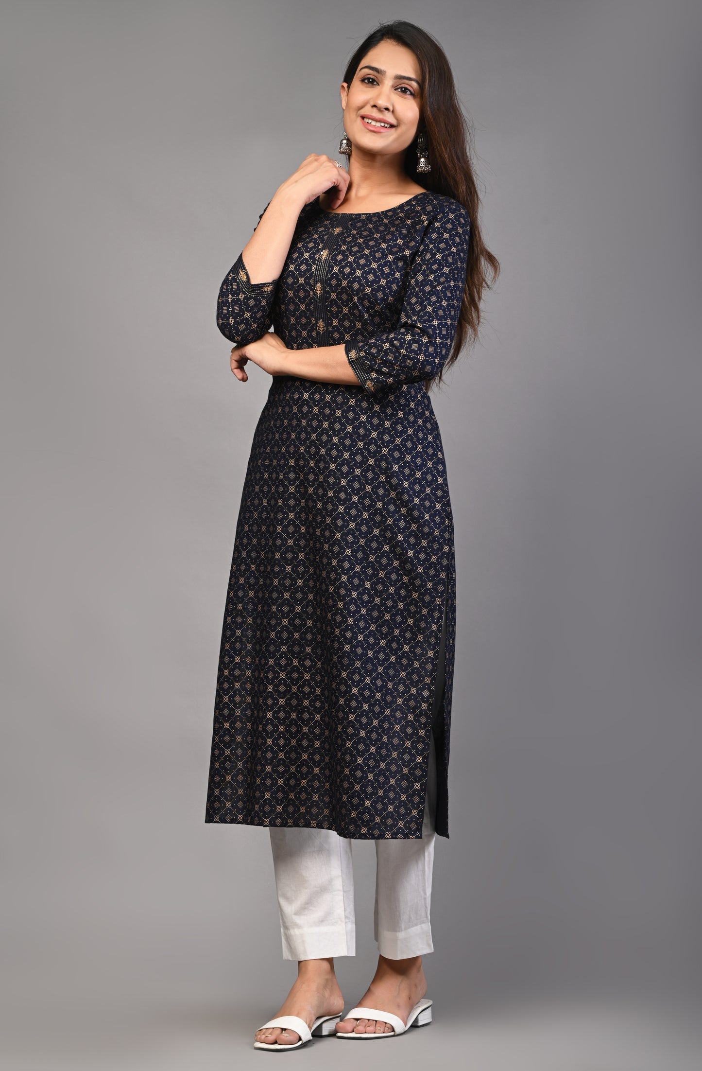 PUKHYA WOMEN’S GOLD PRINTED NAVY BLUE STRAIGHT RAYON KURTA