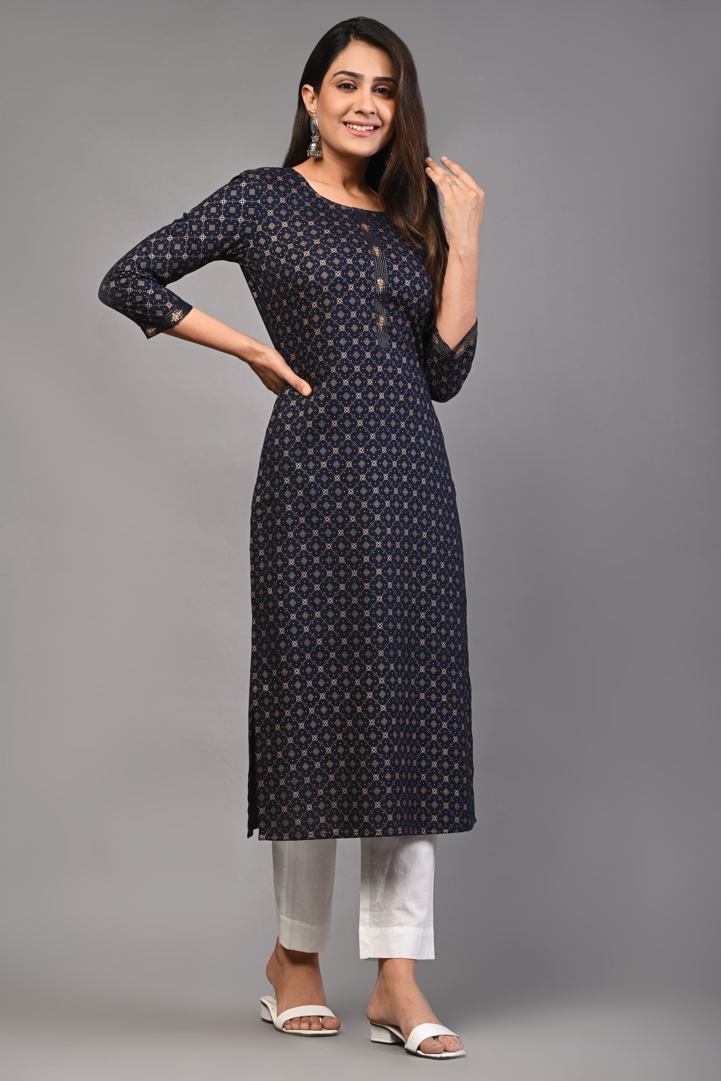 PUKHYA WOMEN’S GOLD PRINTED NAVY BLUE STRAIGHT RAYON KURTA