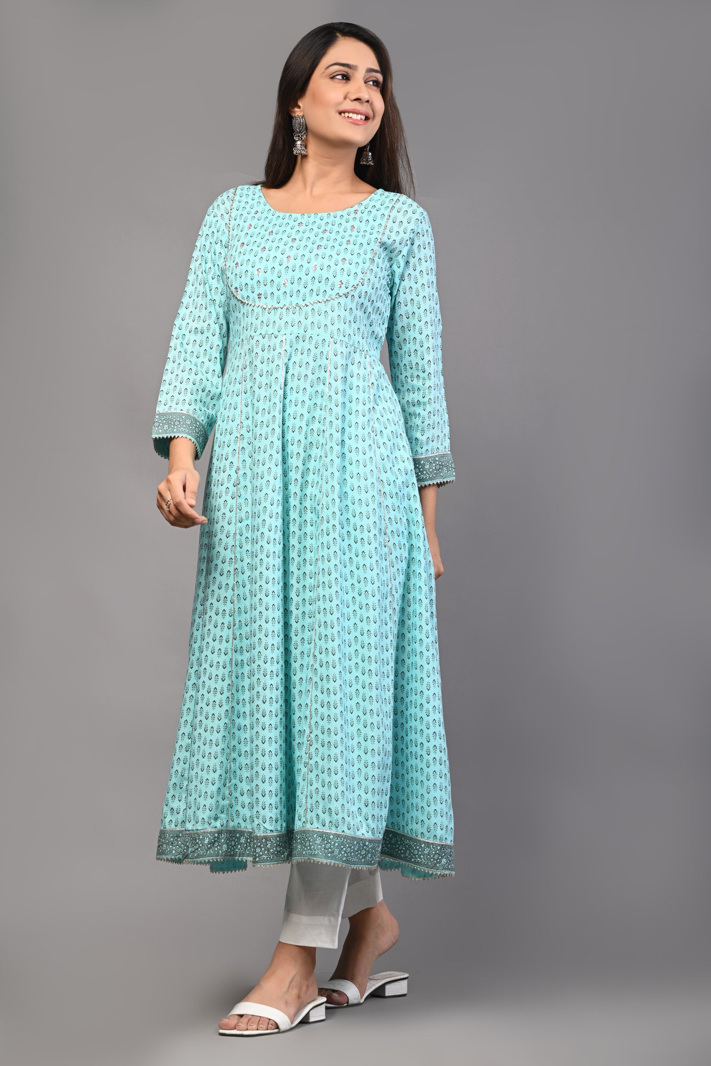 PUKHYA WOMEN’S SKY BLUE PRINTED ANARKALI KURTA RAYON