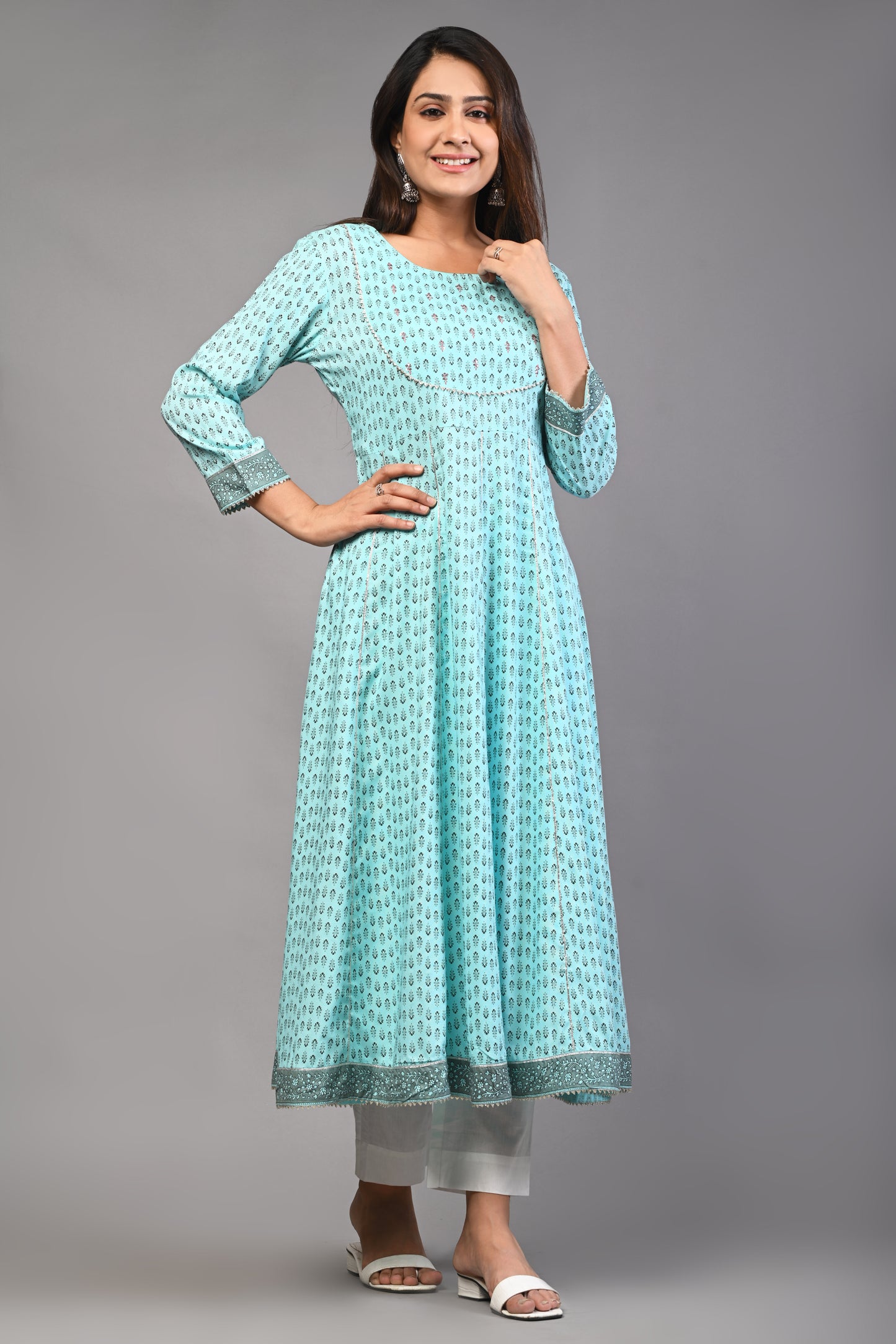 PUKHYA WOMEN’S SKY BLUE PRINTED ANARKALI KURTA RAYON