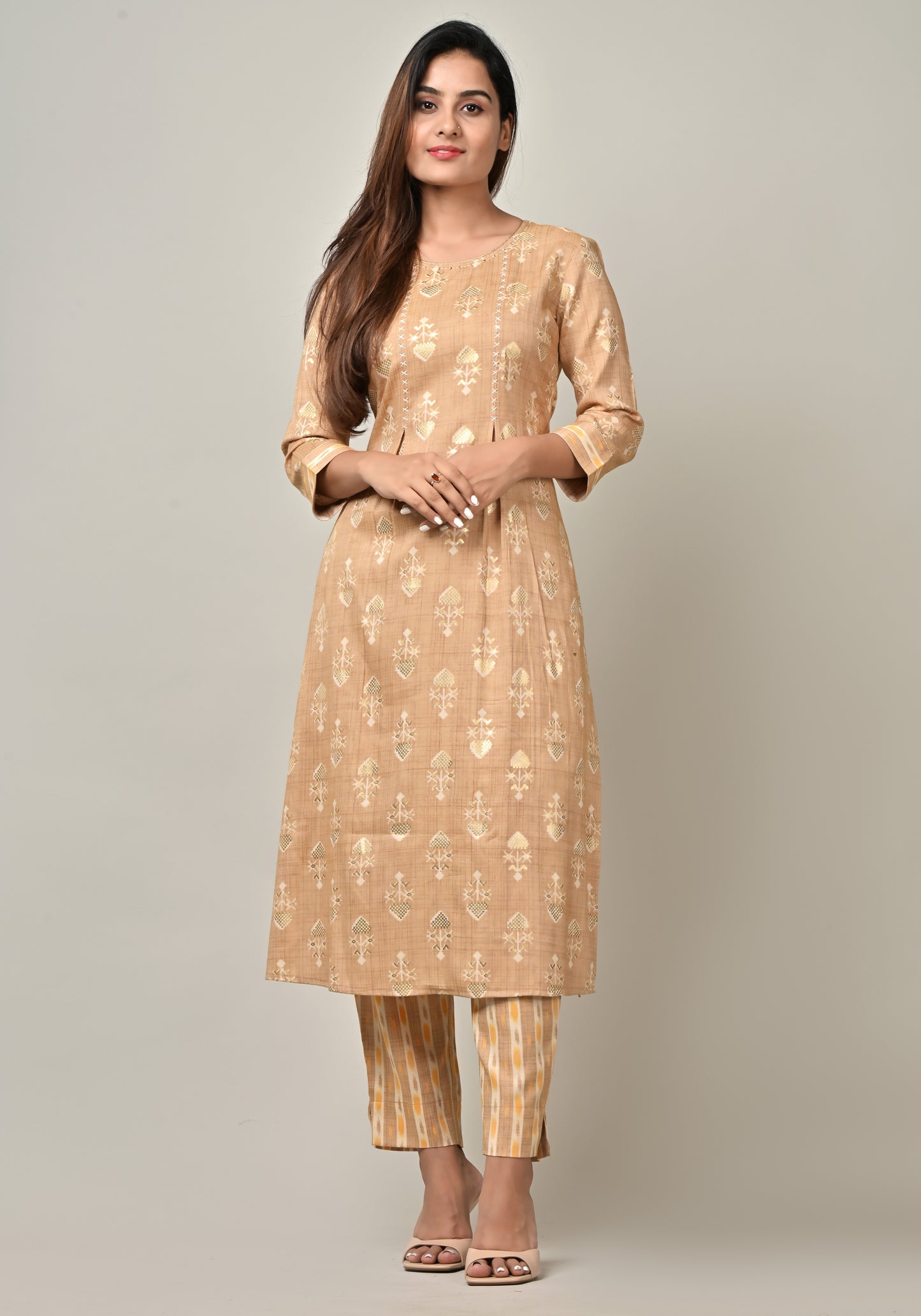 PUKHYA WOMEN'S MUSTARD VISCOSE FOIL PRINTED STRAIGHT KURTA WITH PANTS