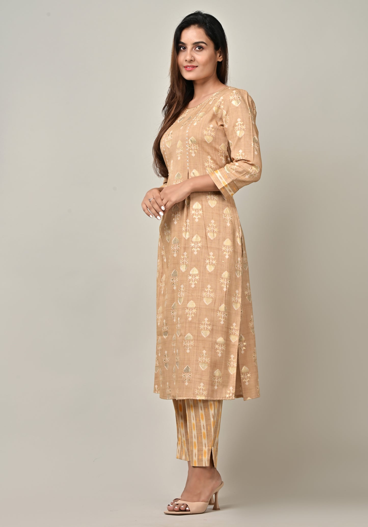 PUKHYA WOMEN'S MUSTARD VISCOSE FOIL PRINTED STRAIGHT KURTA WITH PANTS