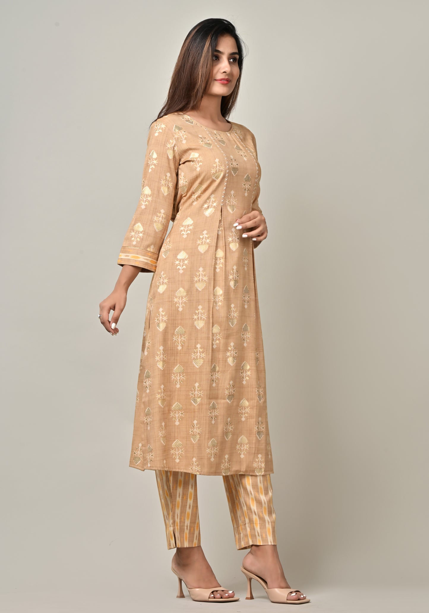 PUKHYA WOMEN'S MUSTARD VISCOSE FOIL PRINTED STRAIGHT KURTA WITH PANTS