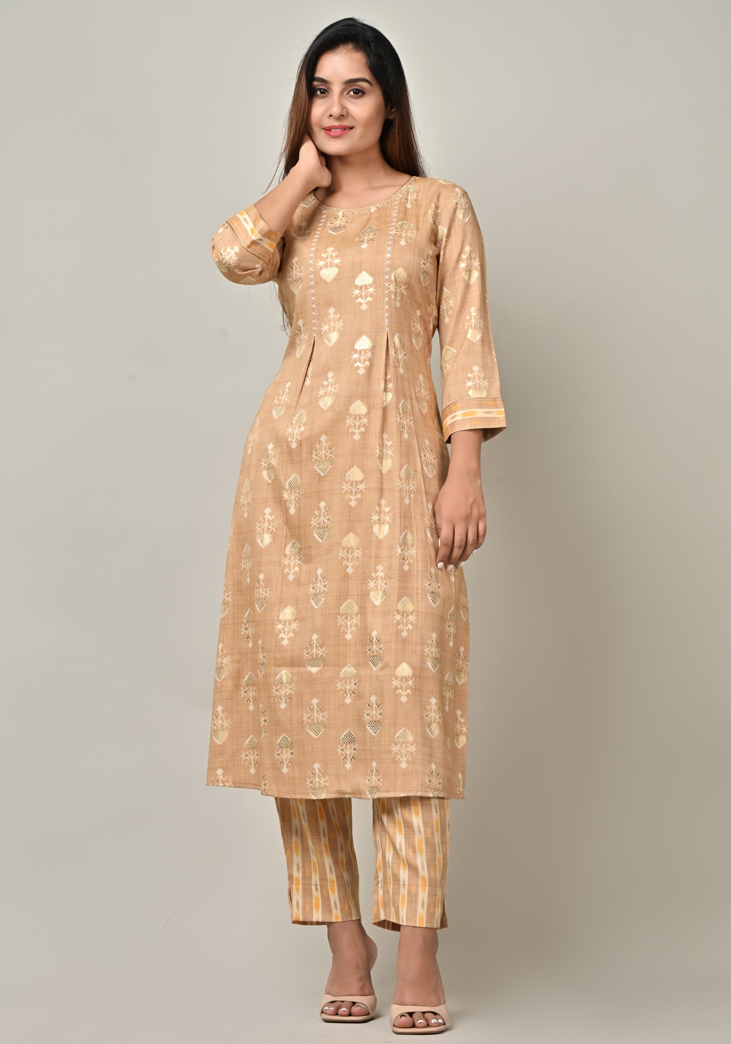 PUKHYA WOMEN'S MUSTARD VISCOSE FOIL PRINTED STRAIGHT KURTA WITH PANTS