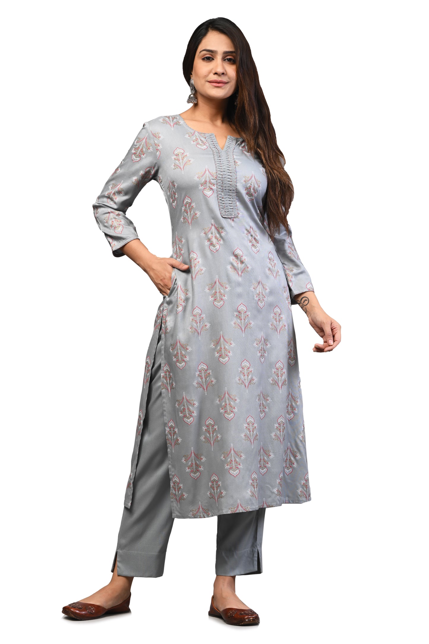 PUKHYA WOMEN'S GREY PINTED STRAIGHT KURTA RAYON