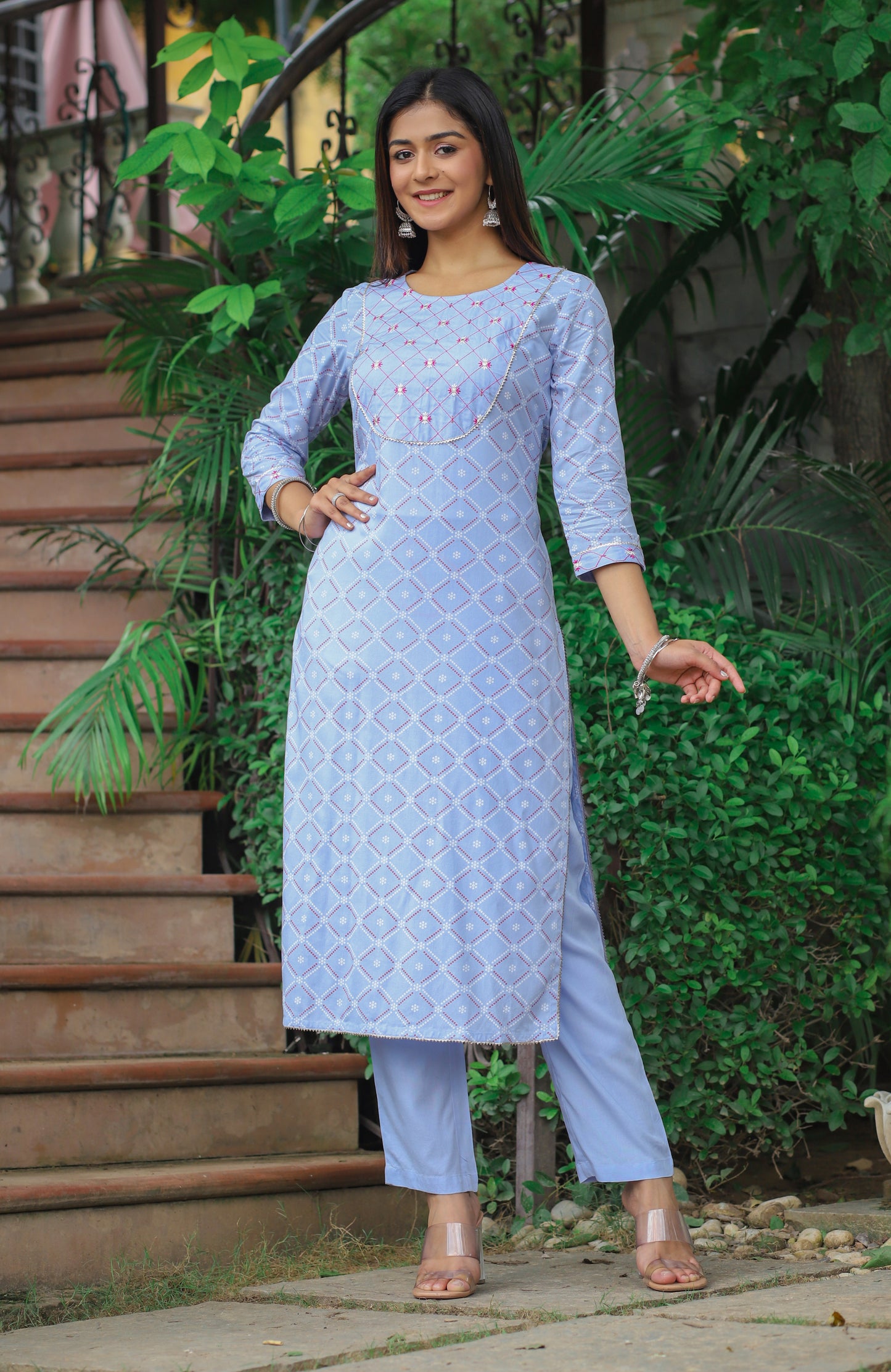 PUKHYA WOMEN'S BLUE EMBROIDERY PRINTED STRAIGHT KURTA WITH PANTS RAYON