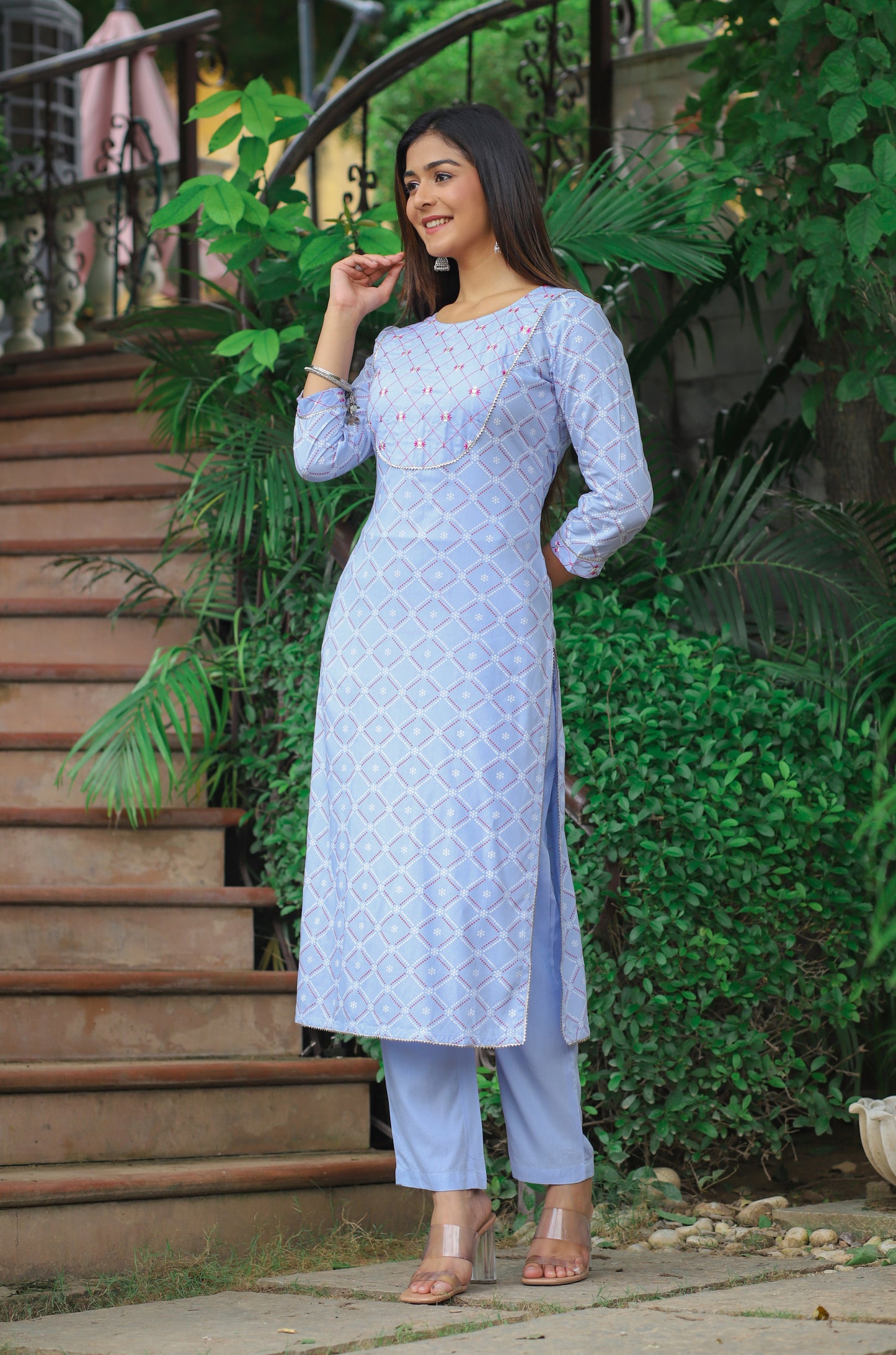 PUKHYA WOMEN'S BLUE EMBROIDERY PRINTED STRAIGHT KURTA WITH PANTS RAYON