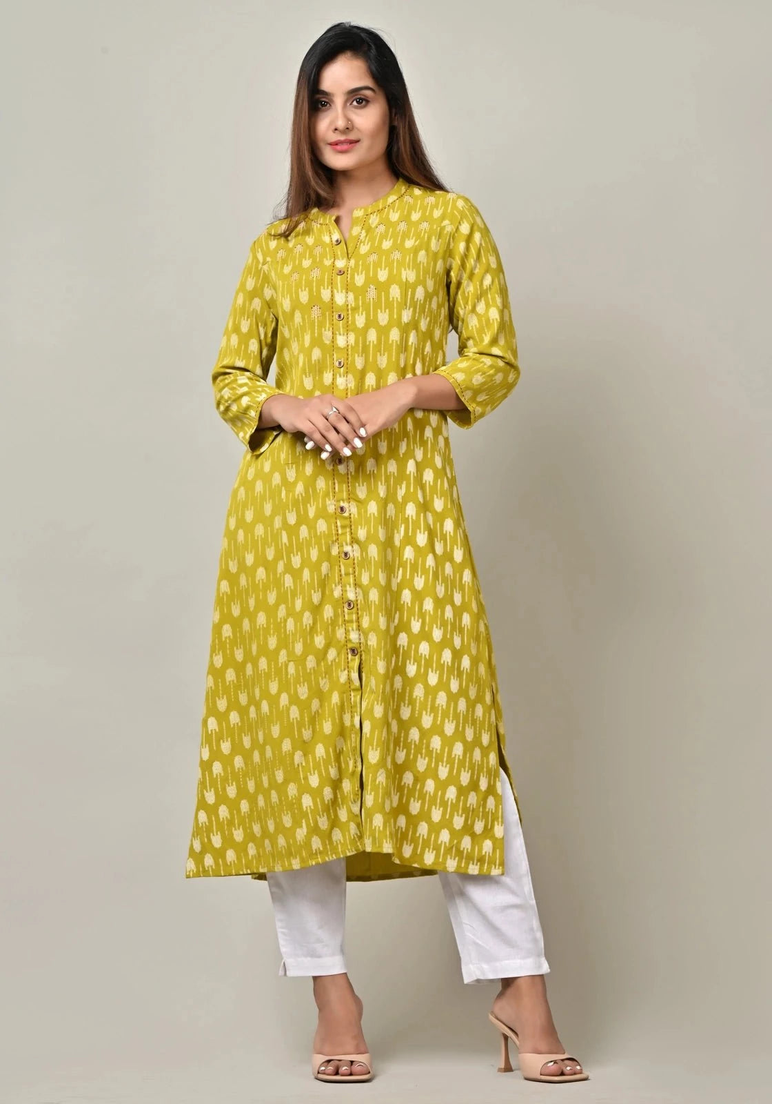 PUKHYA WOMEN'S GREEN PRINTED A-LINE KURTA RAYON