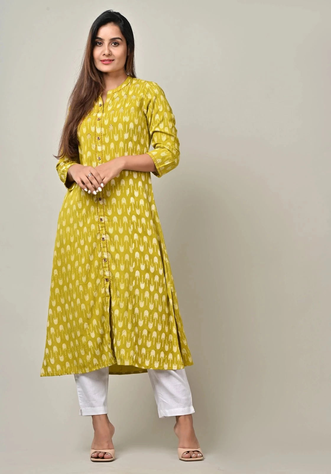 PUKHYA WOMEN'S GREEN PRINTED A-LINE KURTA RAYON