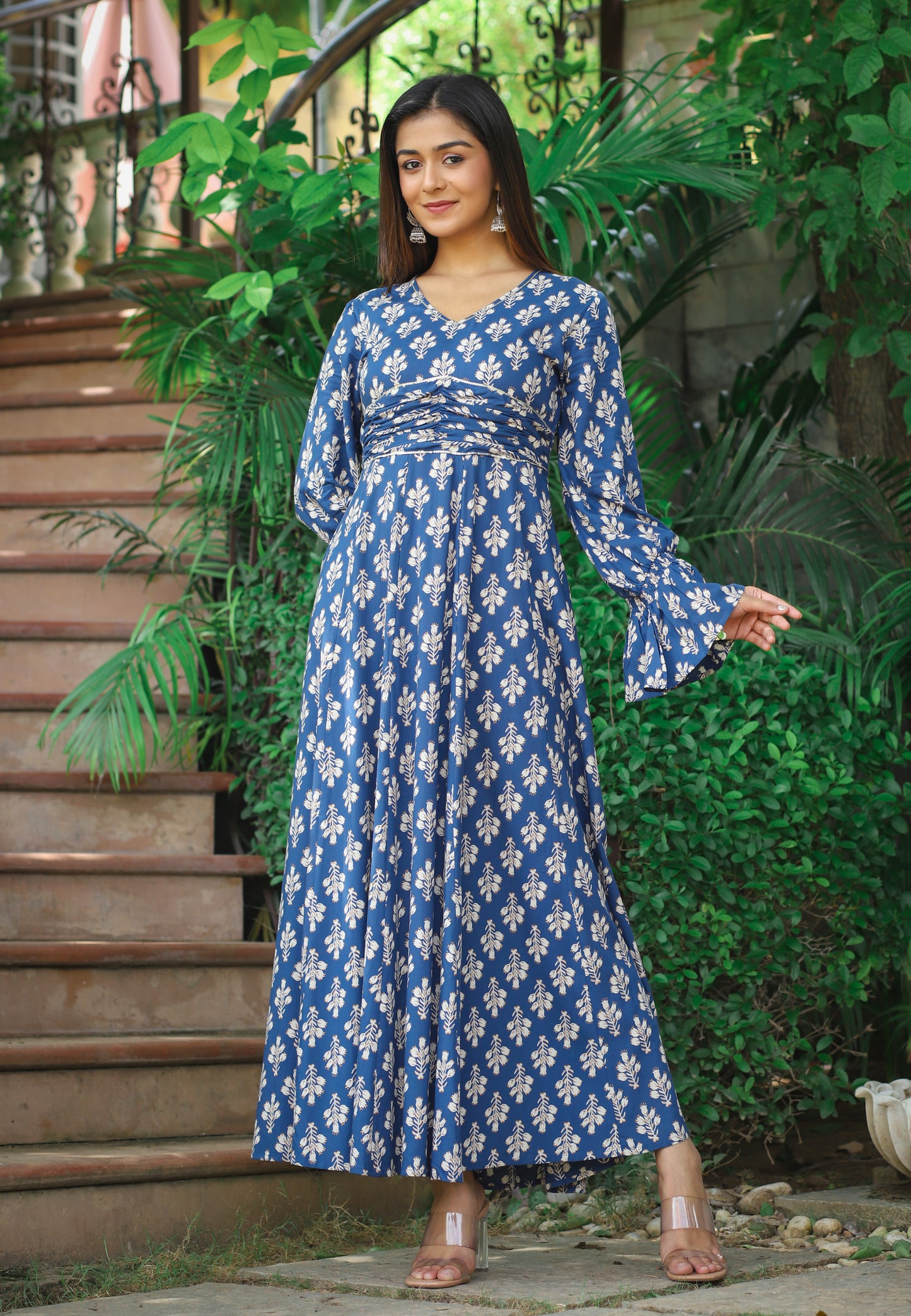 PUKHYA RAYON BLUE PRINTED FLARED DRESS