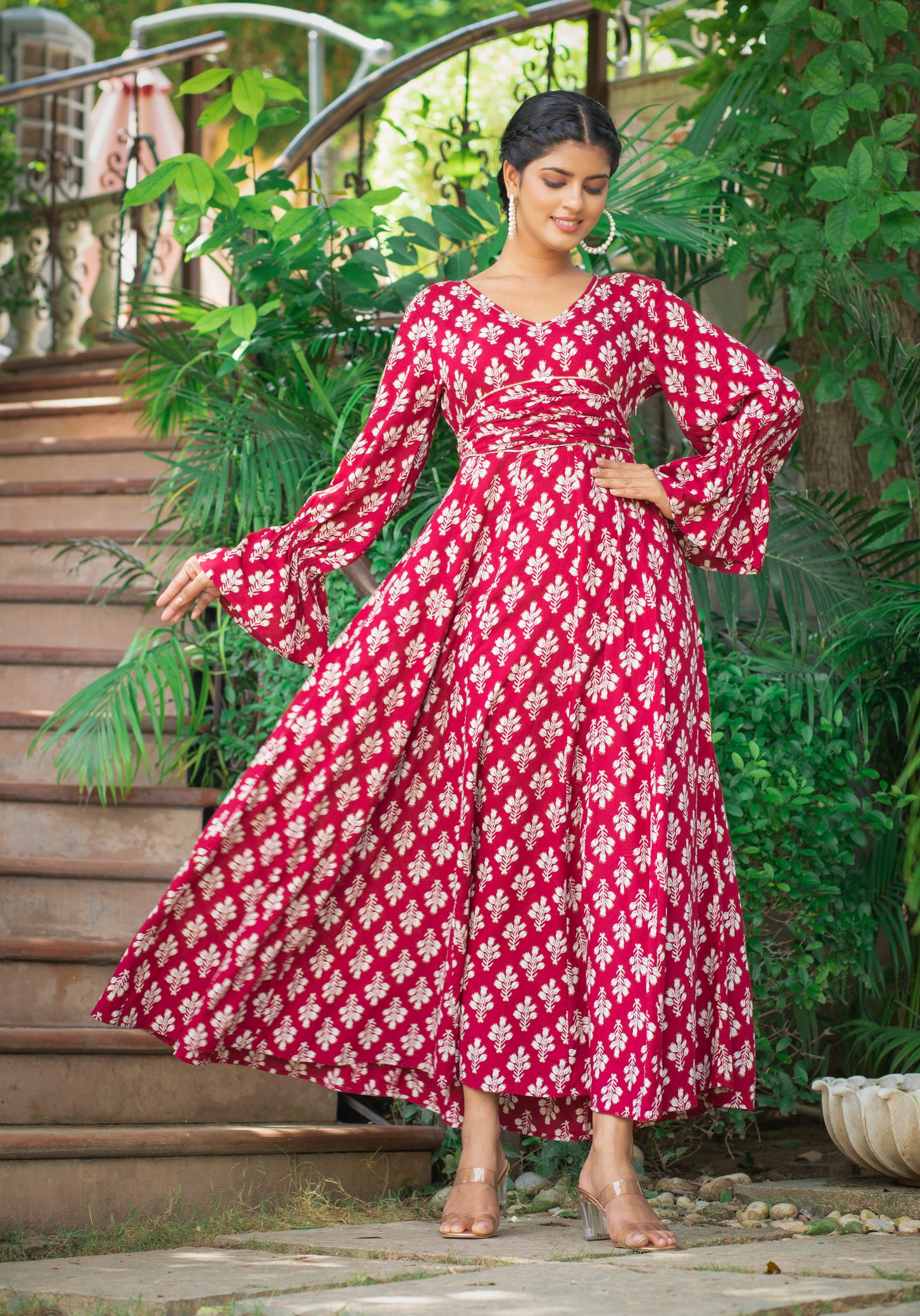 PUKHYA RAYON MAROON PRINTED FLARED DRESS