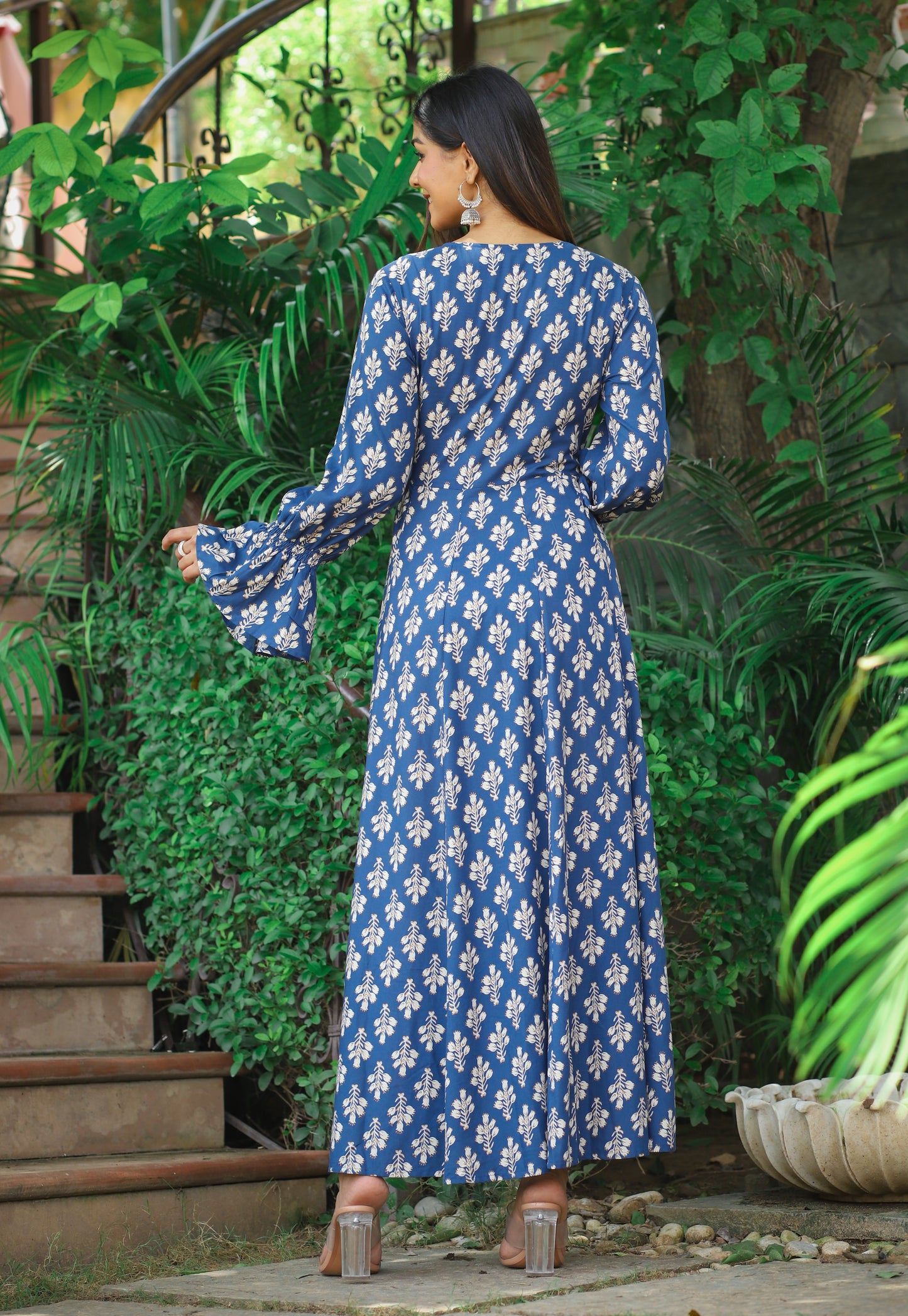 PUKHYA RAYON BLUE PRINTED FLARED DRESS