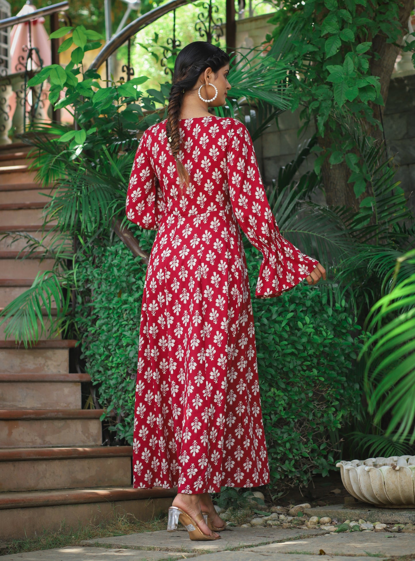 PUKHYA RAYON MAROON PRINTED FLARED DRESS