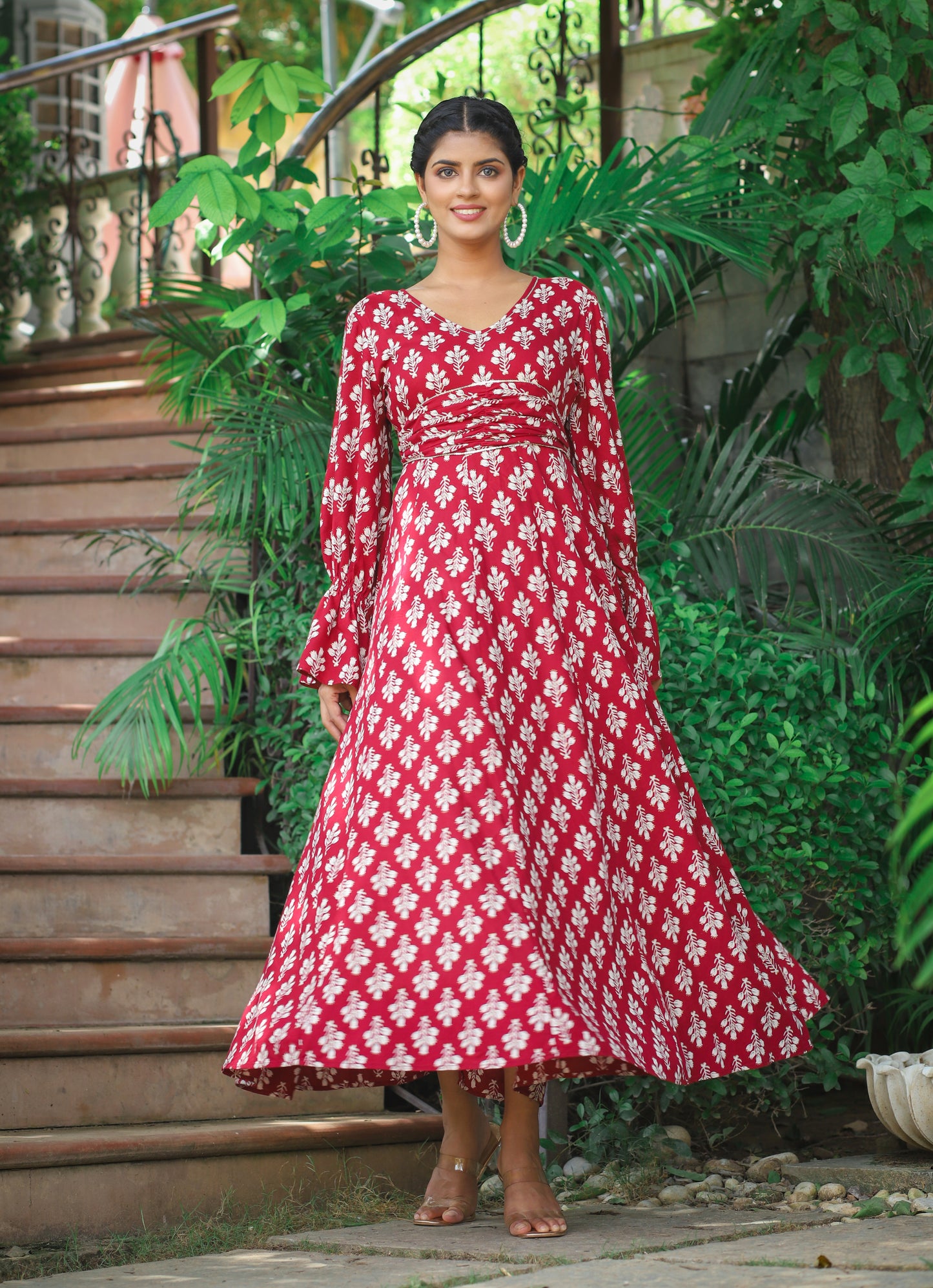 PUKHYA RAYON MAROON PRINTED FLARED DRESS