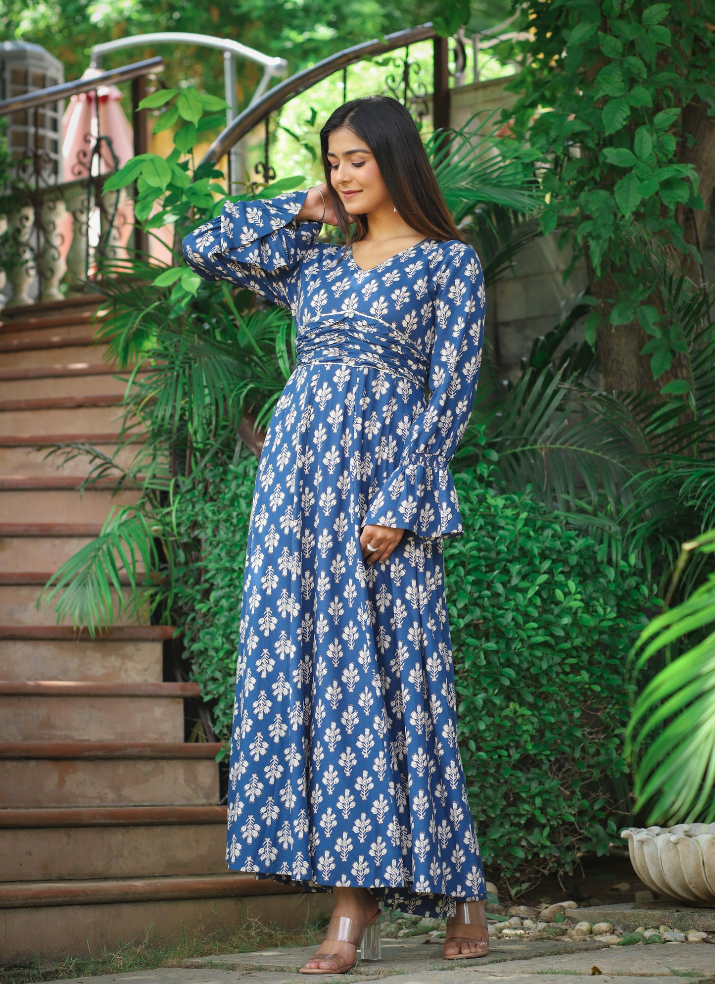 PUKHYA RAYON BLUE PRINTED FLARED DRESS