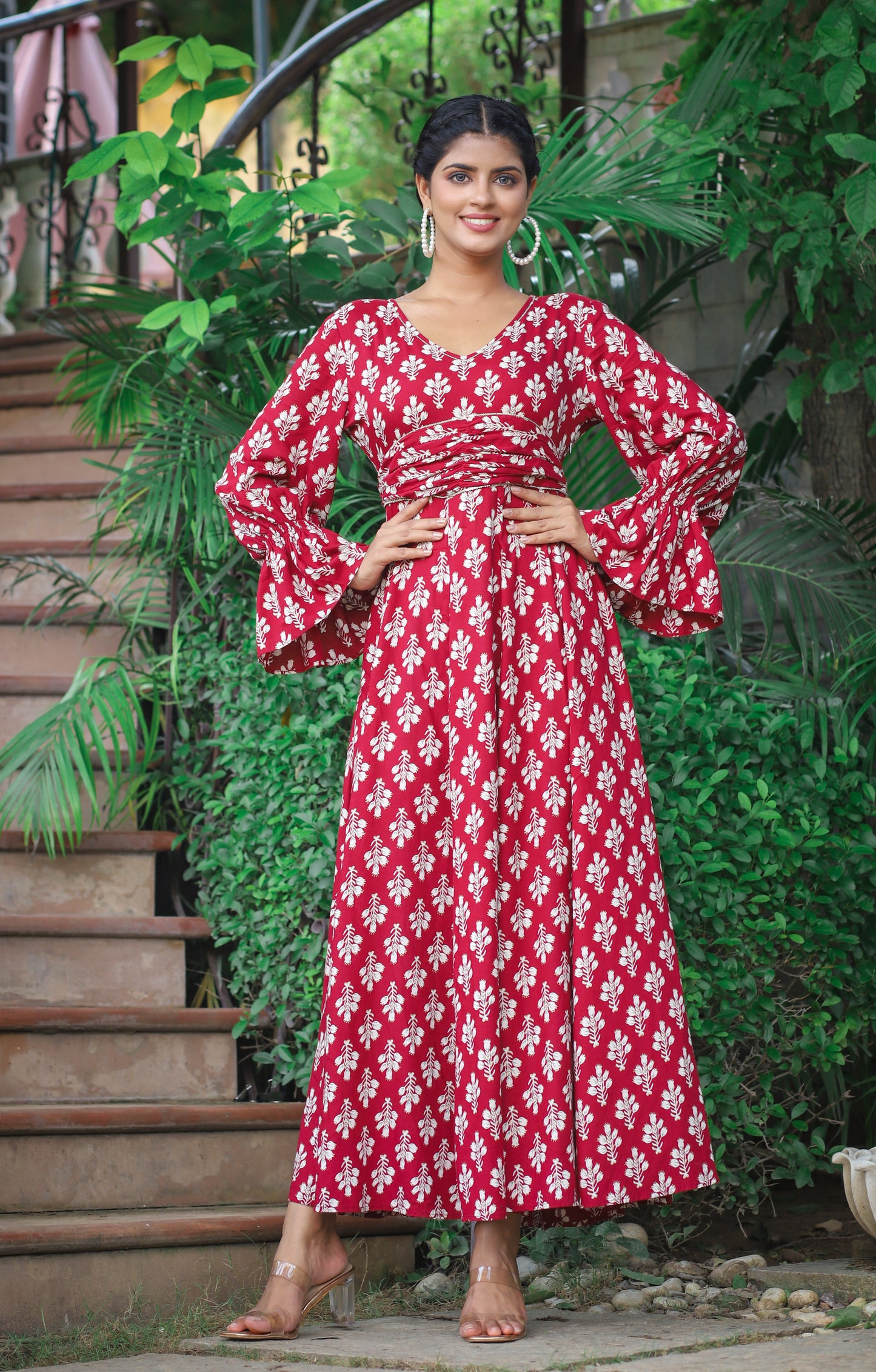 PUKHYA RAYON MAROON PRINTED FLARED DRESS