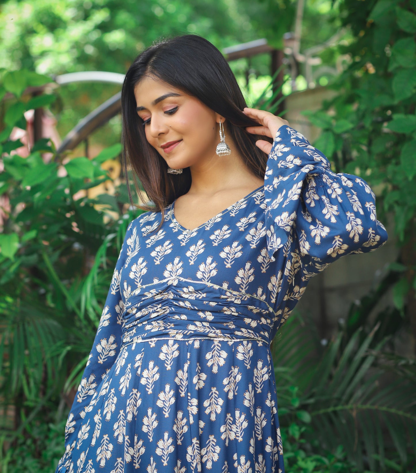 PUKHYA RAYON BLUE PRINTED FLARED DRESS