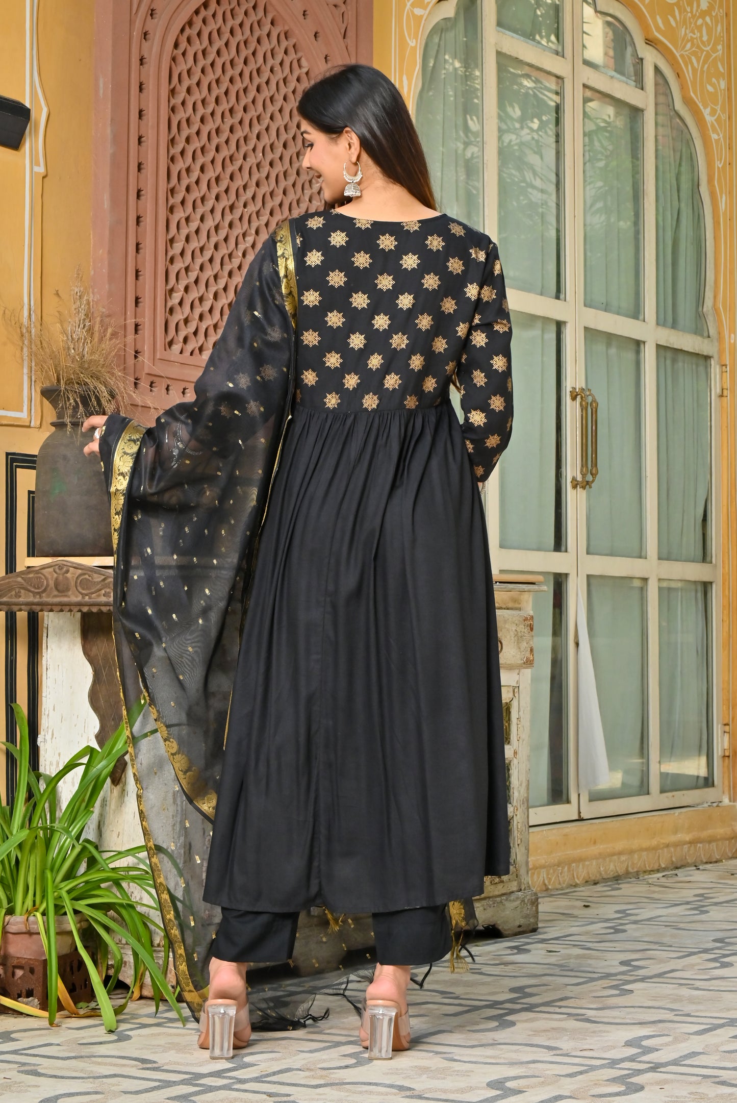 PUKHYA RAYON BLACK FOIL PRINTED EMBRIODERED DRESS WITH DUPATTA