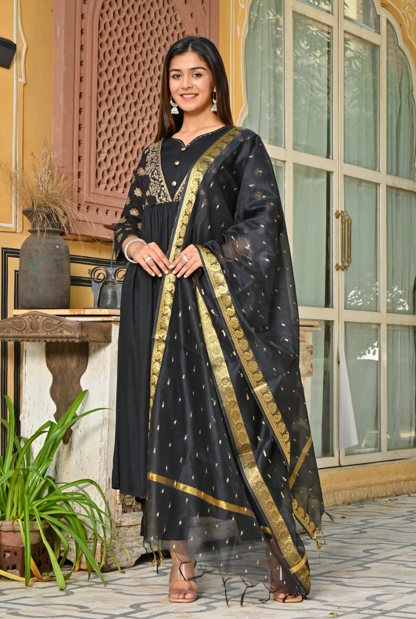 PUKHYA RAYON BLACK FOIL PRINTED EMBRIODERED DRESS WITH DUPATTA