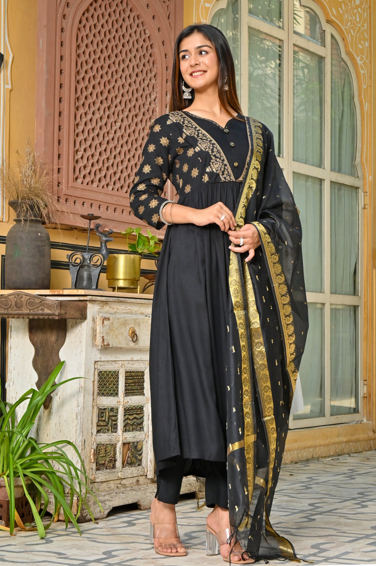 PUKHYA RAYON BLACK FOIL PRINTED EMBRIODERED DRESS WITH DUPATTA