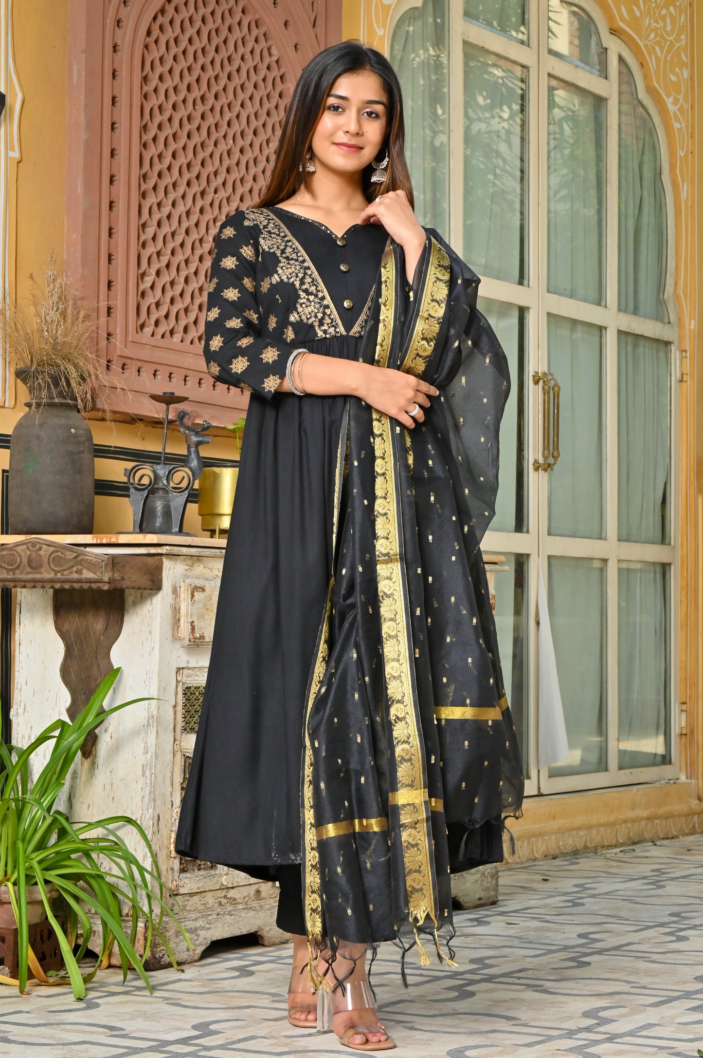 PUKHYA RAYON BLACK FOIL PRINTED EMBRIODERED DRESS WITH DUPATTA