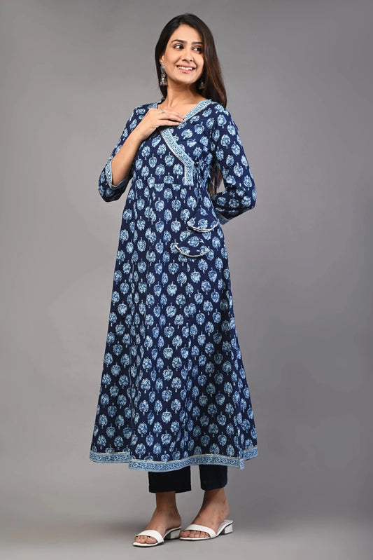 PUKHYA WOMEN'S INDIGO PRINTED ANARKALI KURTA WITH TROUSER COTTON