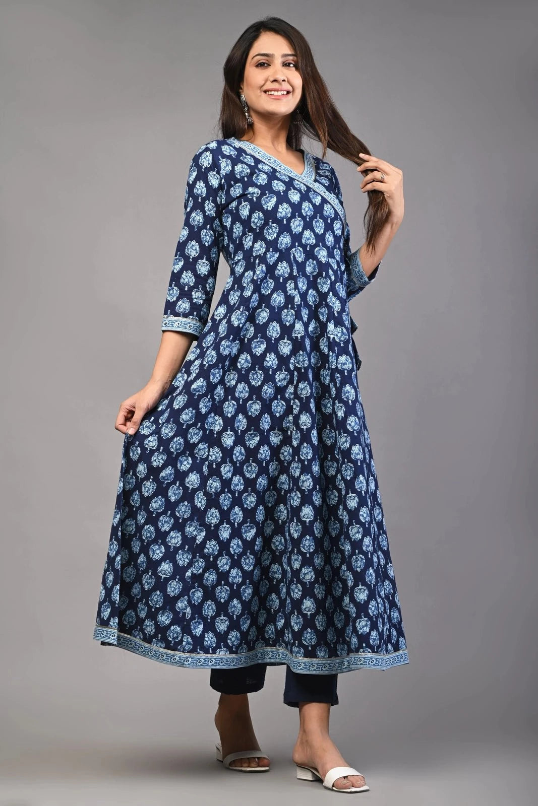 PUKHYA WOMEN'S INDIGO PRINTED ANARKALI KURTA WITH TROUSER COTTON